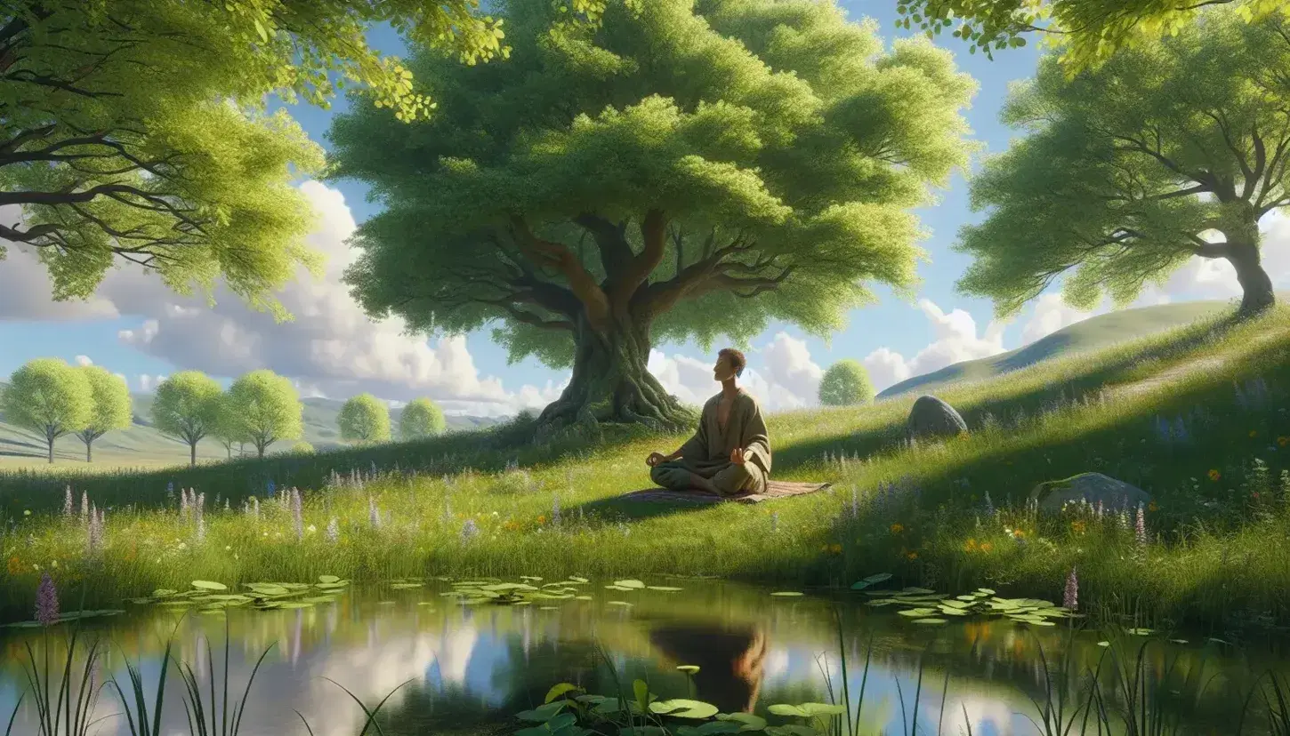 Person sitting in meditation position under a lush tree, near a reflecting pond, surrounded by green meadows and hills.