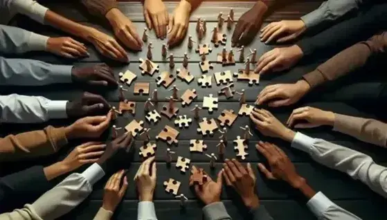 Mani multietniche connettono pezzi di puzzle in legno su tavolo scuro, simboleggiando diversità e collaborazione in ambiente sfocato.