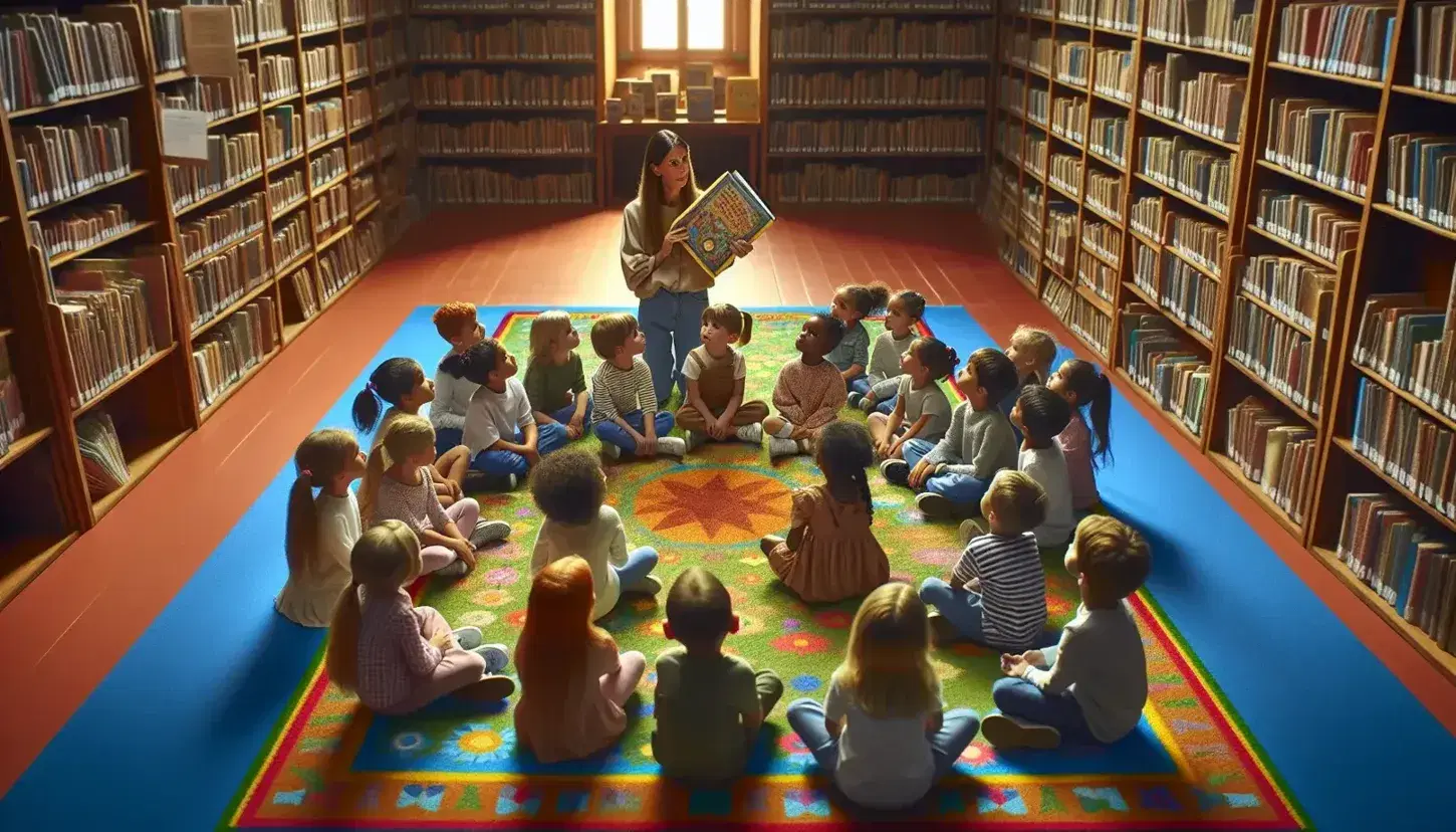 Niños atentos escuchando a una mujer leer un libro en una biblioteca iluminada por luz natural, sentados en alfombra colorida.