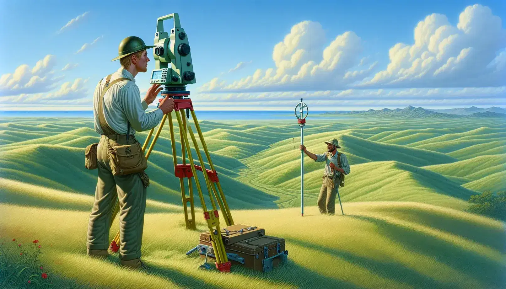 Rilevatore caucasico in abiti da lavoro e casco usa strumento topografico su treppiede in paesaggio collinare verde con assistente e cielo azzurro.