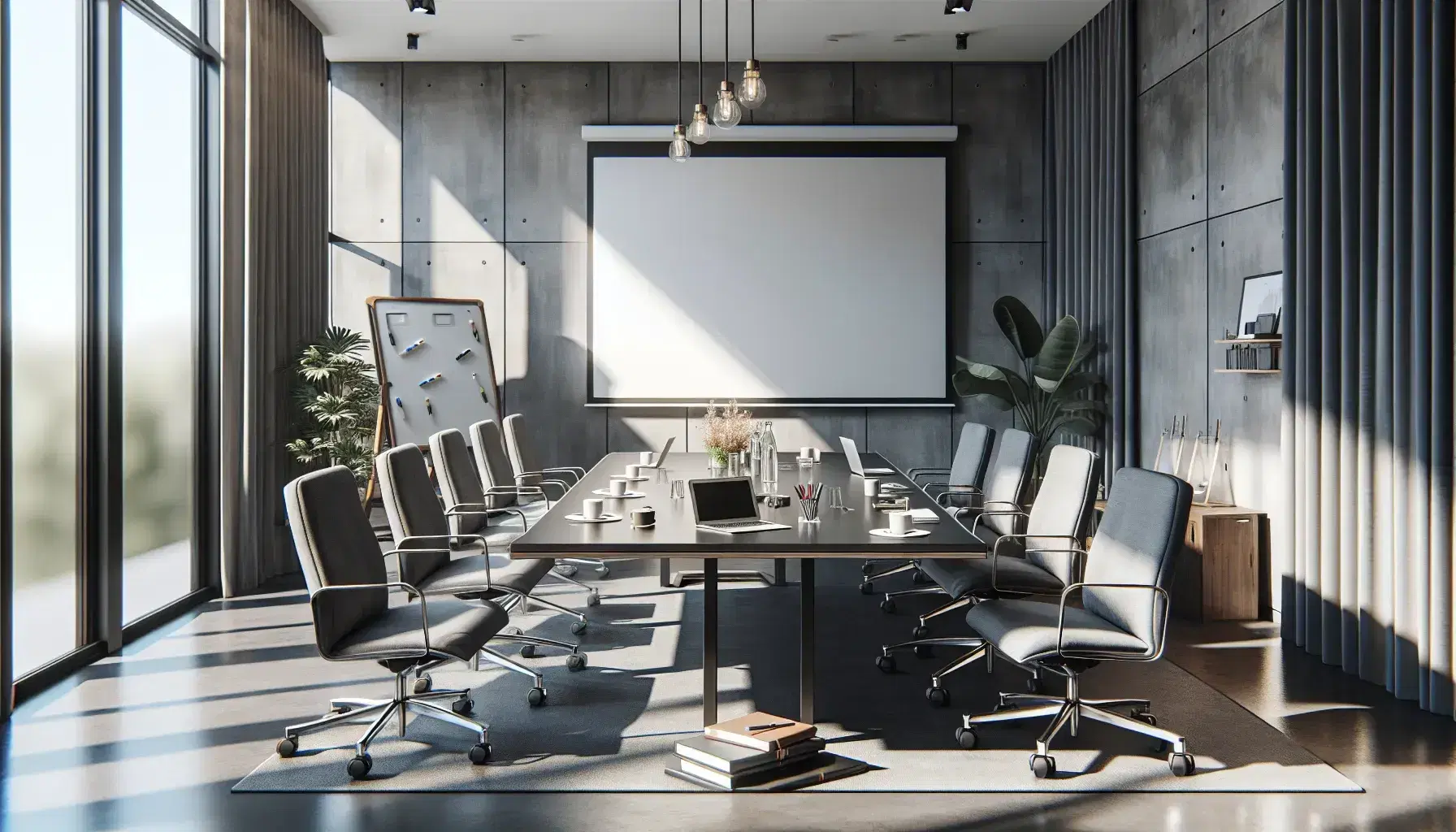 Sala de reuniones espaciosa con mesa rectangular de madera, sillas grises, laptops, libretas, taza de café y botella de agua, junto a pizarra blanca y proyector apagado.