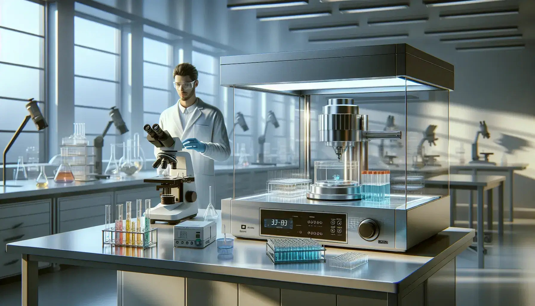 Laboratorio de investigación moderno con mesa equipada con centrifugadora azul y microscopio, tubos de ensayo coloridos y científico trabajando en campana de flujo laminar.