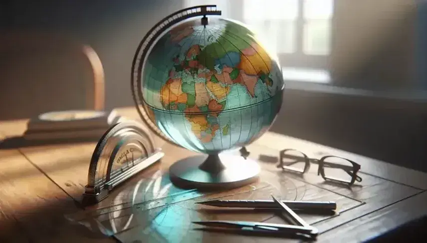 Globo terráqueo tridimensional con colores que indican continentes y océanos, acompañado de compás metálico, regla transparente y gafas negras sobre mesa de madera.