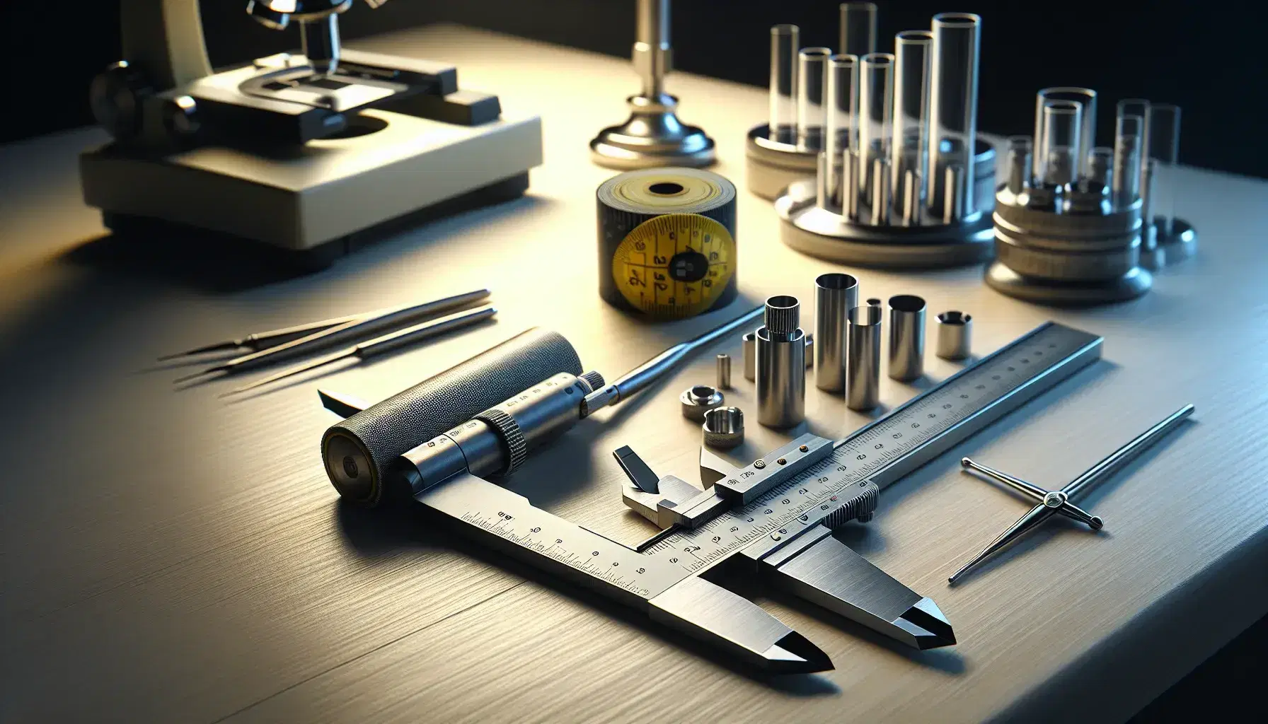 Strumenti di misurazione su superficie in legno chiaro: calibro vernier in acciaio, metro a nastro giallo e microscopio laboratorio con provette trasparenti.