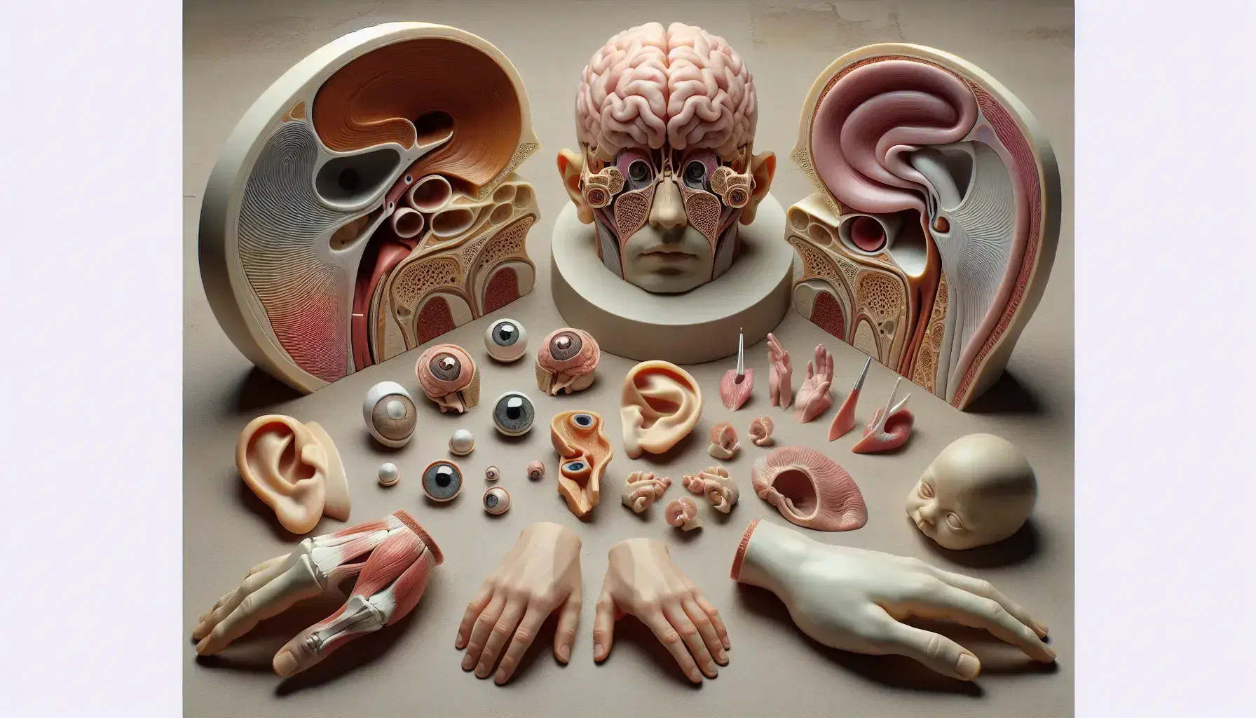 Modelos anatómicos de órganos sensoriales humanos con cerebro, oído, ojo azul y nariz sobre superficie neutra, mostrando detalles internos y relación con procesamiento cerebral.