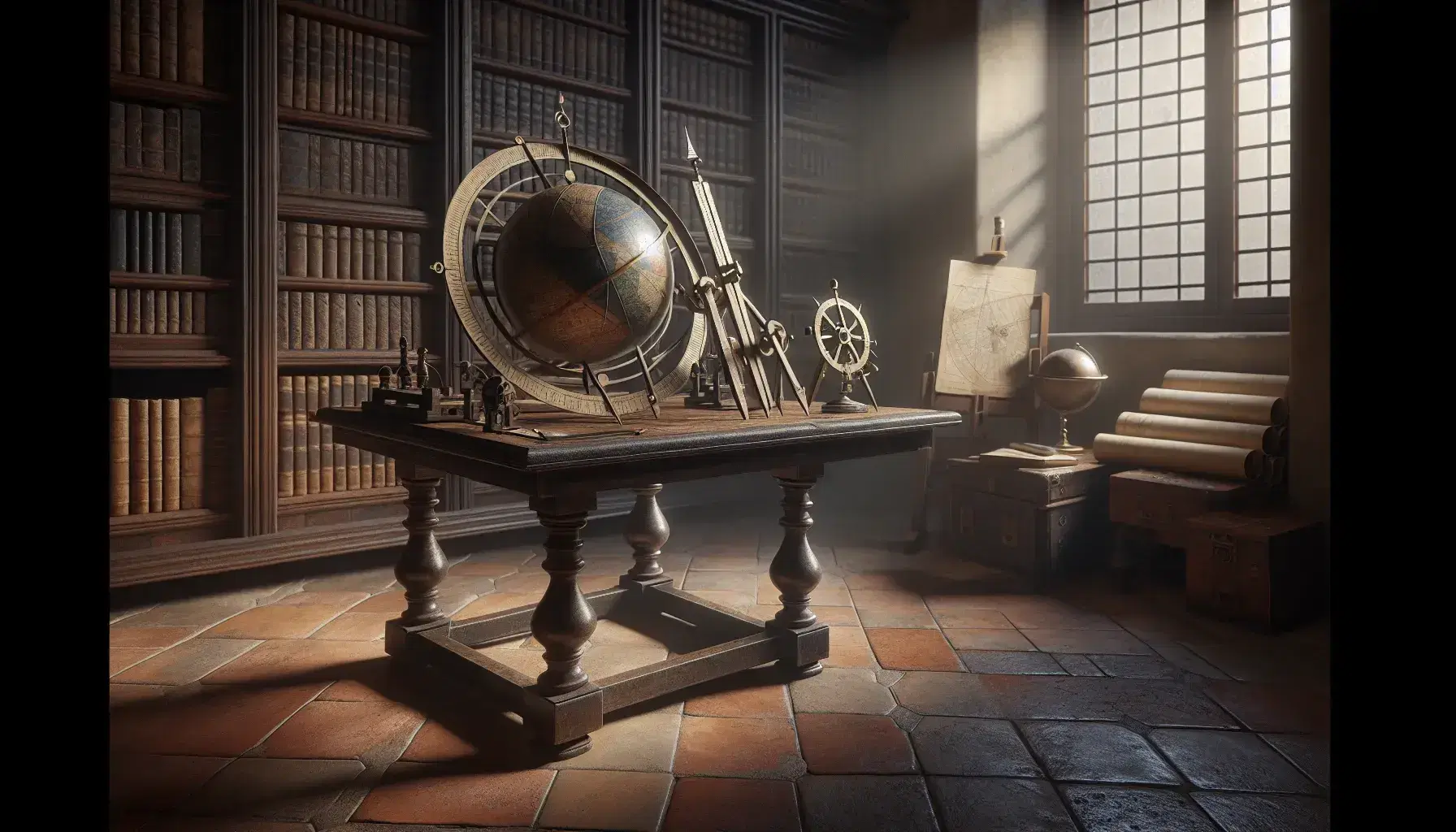 Estudio renacentista con mesa de madera oscura, herramientas de matemáticas y navegación como compás y astrolabio, globo antiguo y estantería con libros y rollos.