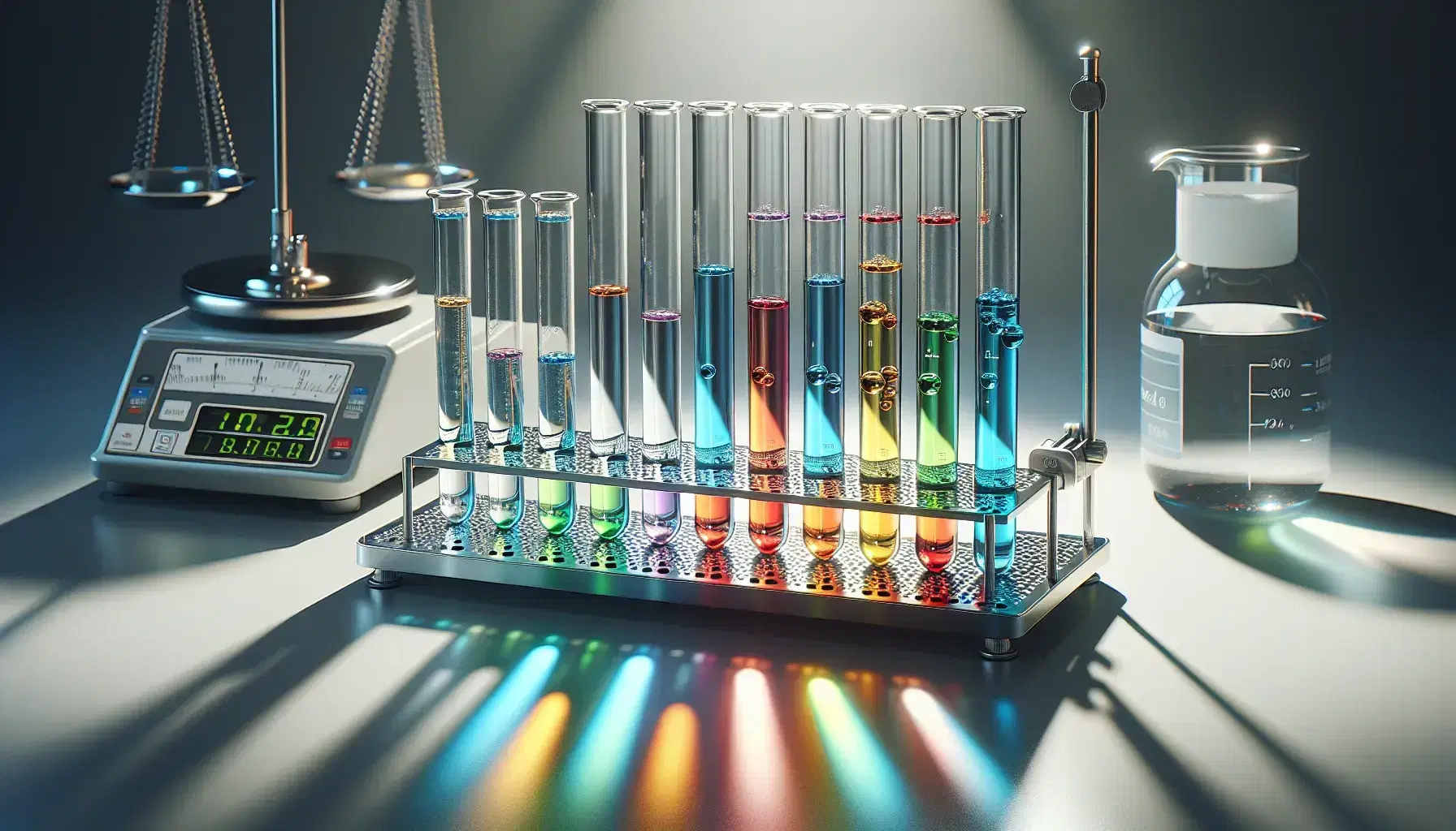 Primer plano de tubos de ensayo con líquidos de colores en soporte metálico y balanza de laboratorio desenfocada al fondo, junto a matraz Erlenmeyer con líquido incoloro.