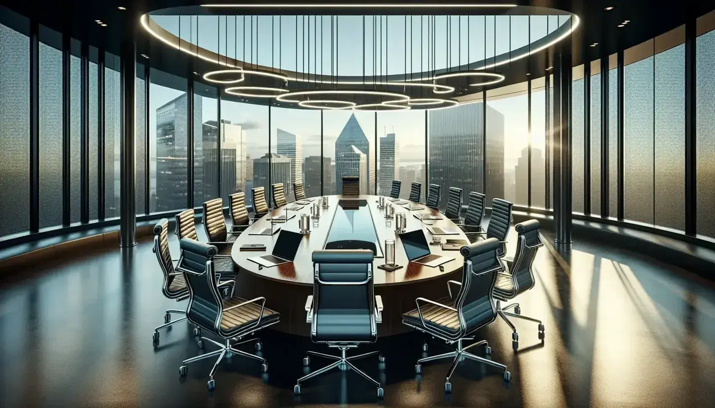 Modern boardroom with oval wooden table, black leather chairs, laptops, panoramic city view through window, water pitchers, and tumblers on sideboard.
