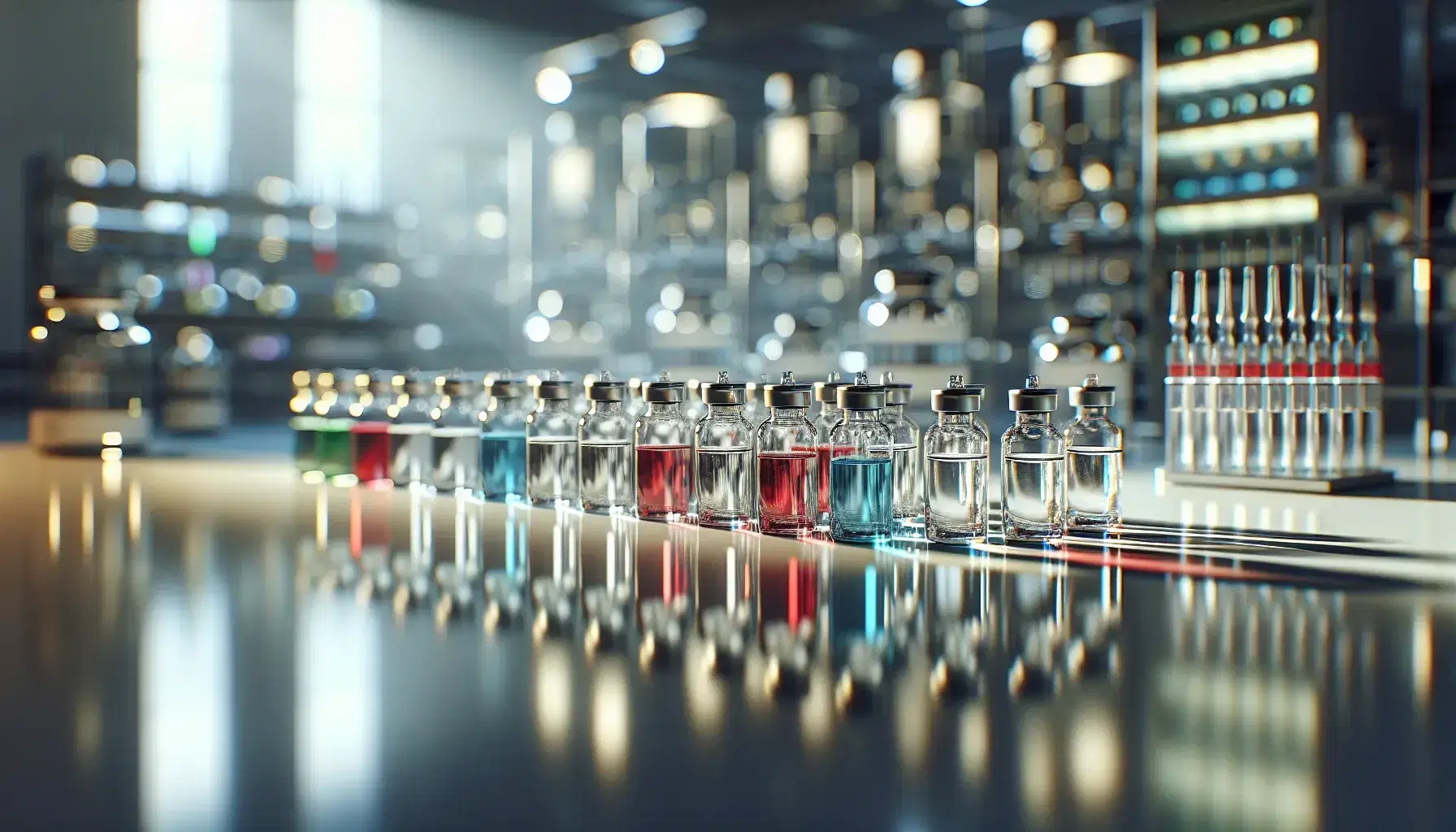 Fiale di vetro trasparente con liquidi colorati su superficie bianca in laboratorio farmaceutico, ambiente sterile sfocato sullo sfondo.