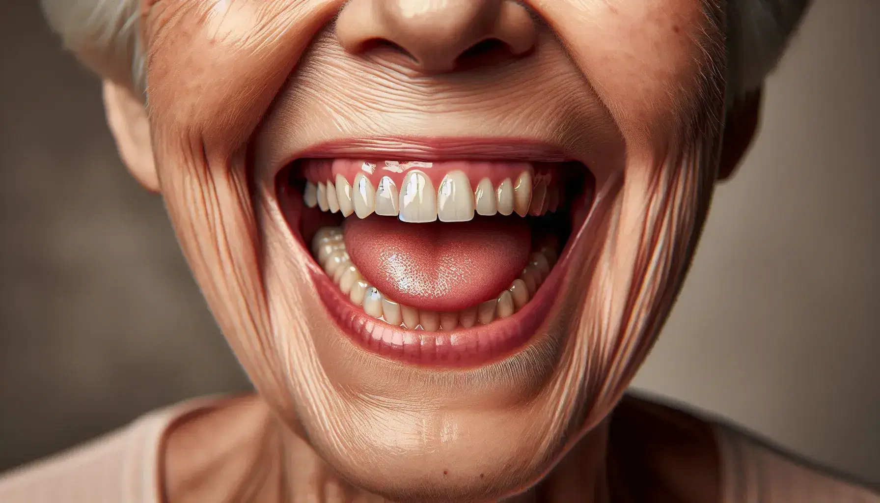 Sonrisa de persona mayor mostrando dientes naturales y restaurados, encías rosadas y lengua sana, sin señales de enfermedad oral, rodeada de piel arrugada.