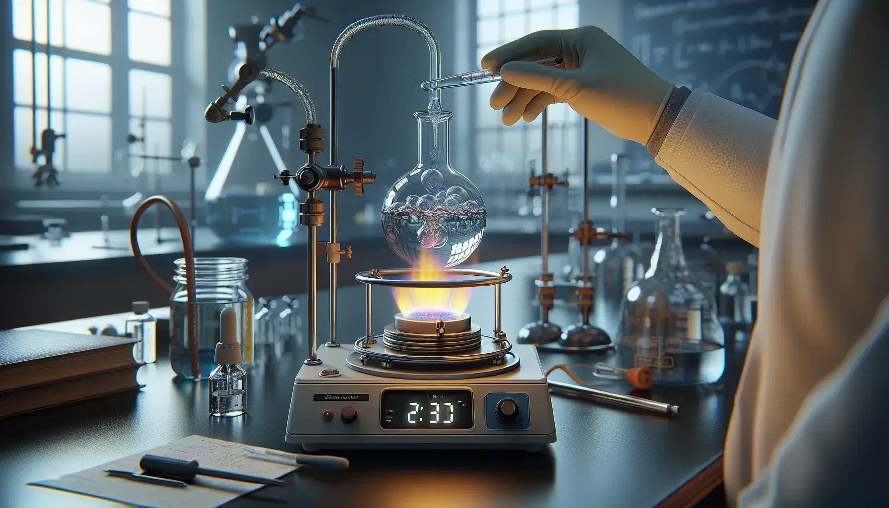 Hands protected by gloves manipulate a laboratory flask over a Bunsen flame, connected to a condenser, with a digital thermometer and colored glassware in the background.