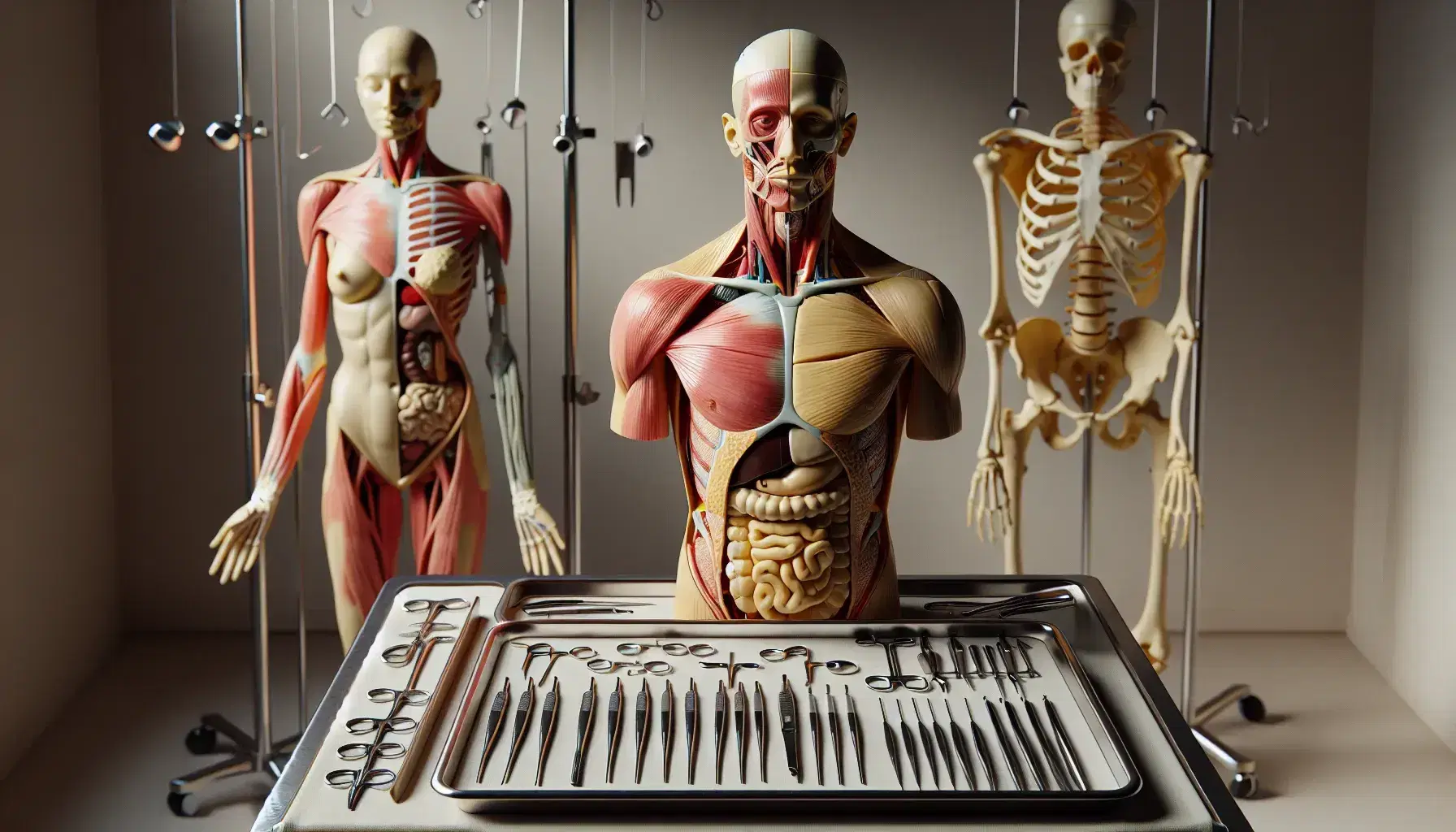 Mesa de disección con torso humano sintético detallando músculos, nervios y vasos sanguíneos, junto a instrumental quirúrgico y esqueleto anatómico.
