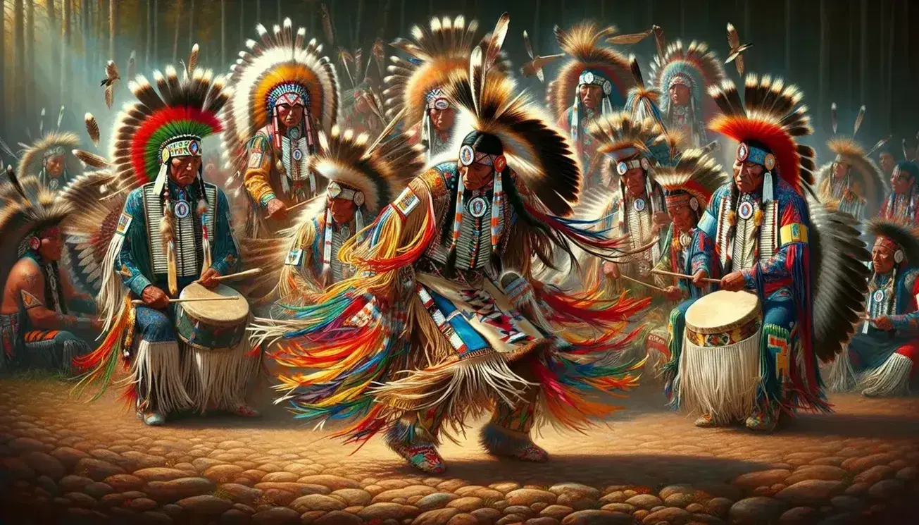 Native American dancers in colorful regalia with feather headdresses and beaded chest pieces perform at a powwow, drummers in ribbon shirts in the background.