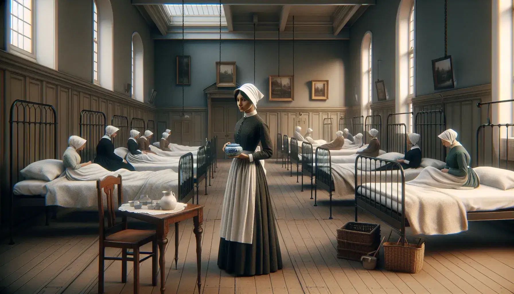 Victorian-era hospital ward with South Asian nurse holding bowl and cloth beside bed, iron-framed beds with resting patients, and sunlit windows.
