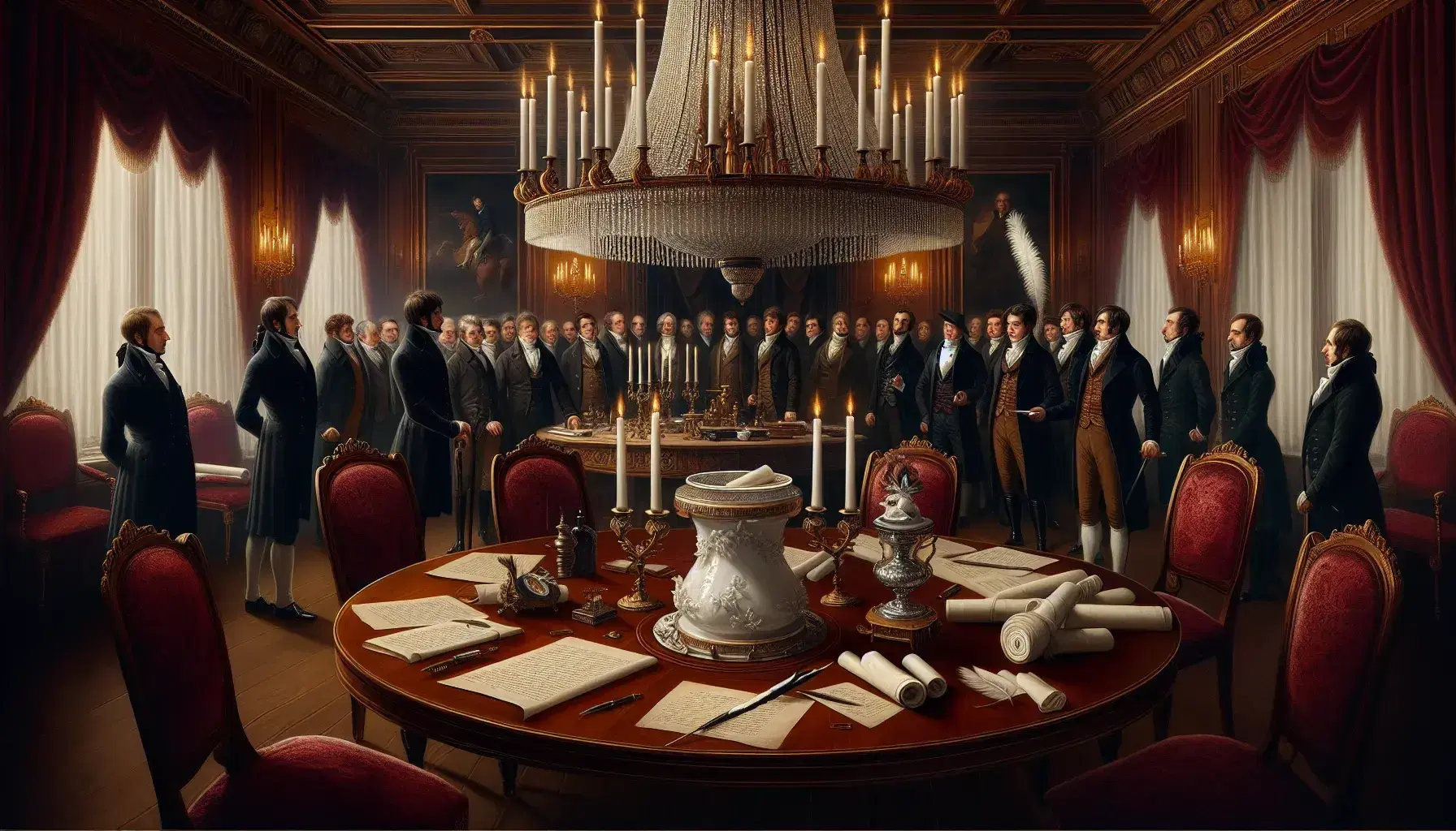 Salón neoclásico del siglo XIX con hombres en trajes de época debatiendo alrededor de una mesa ovalada con candelabro de plata y documentos sellados.