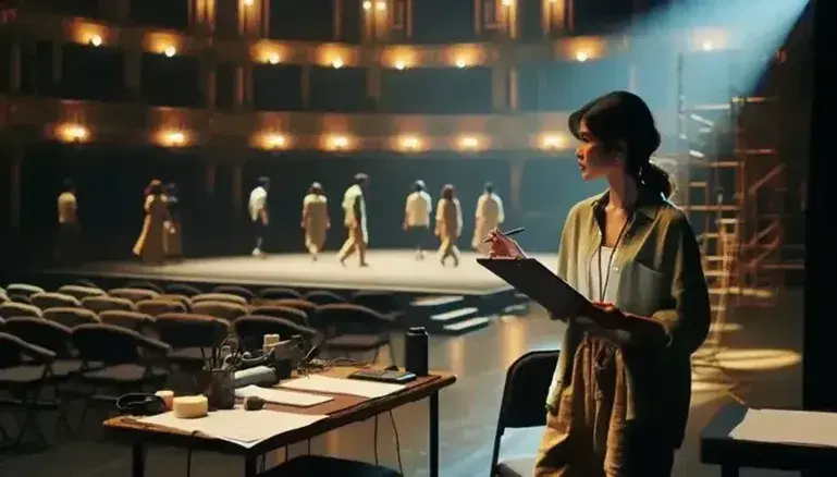 Productora de teatro de origen surasiático con libreta en mano dirige ensayo en escenario, con actores y equipo técnico en el fondo.