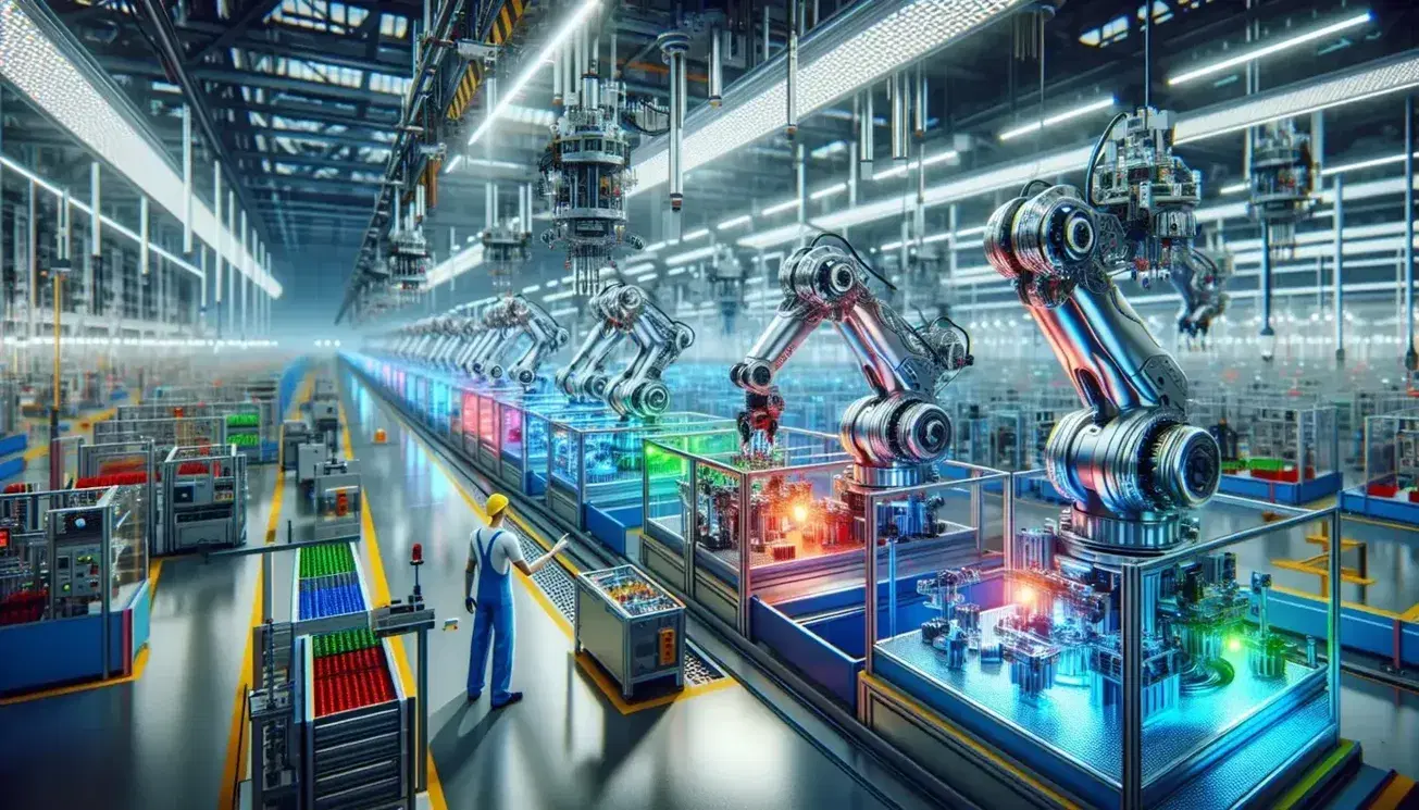 Linea di assemblaggio automatizzata con bracci robotici in fabbrica moderna, operai in sicurezza osservano, scaffali ordinati sullo sfondo.