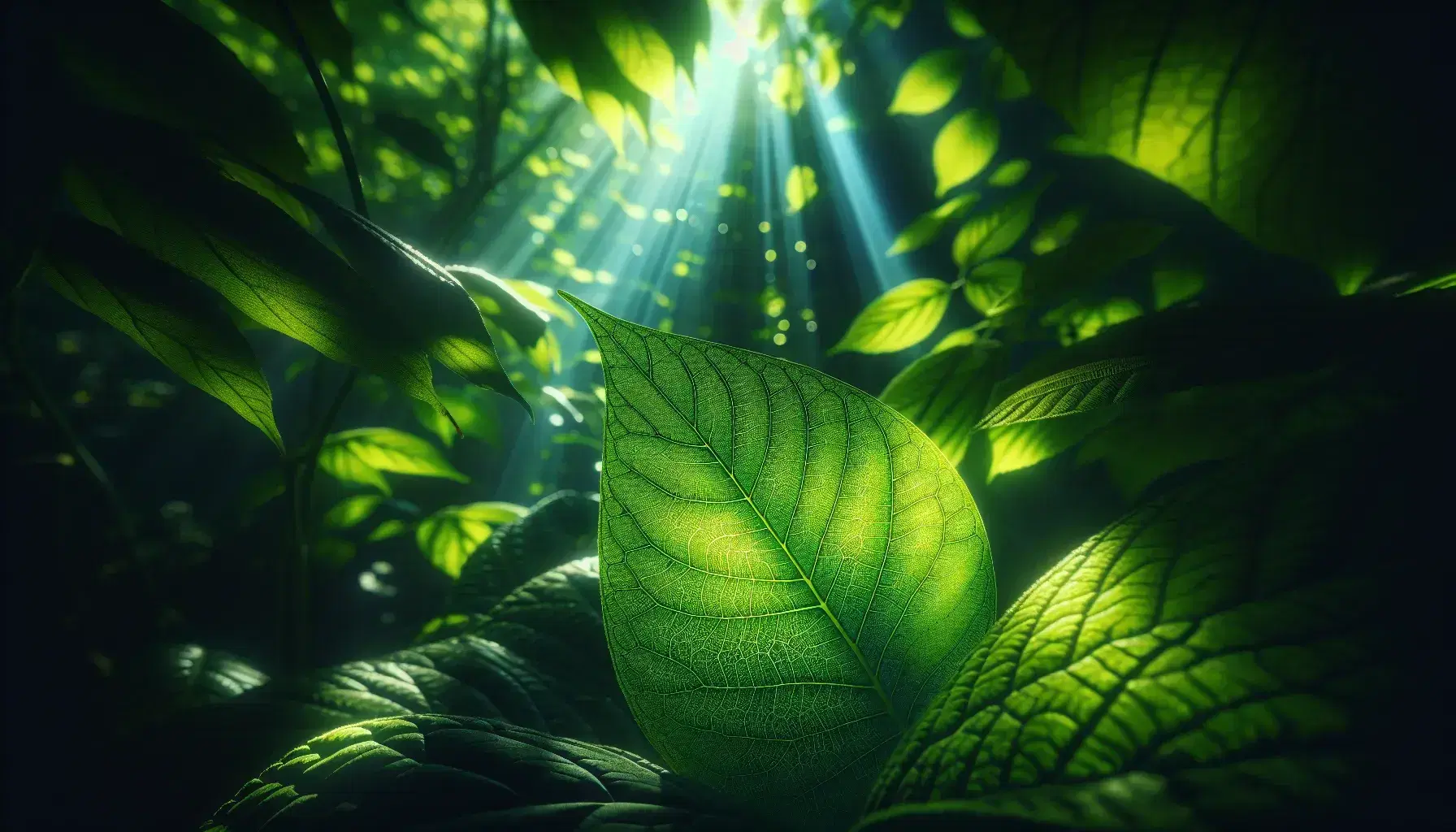 Foglia verde brillante traslucida al sole con venature evidenti su sfondo sfocato di vegetazione lussureggiante, senza presenza umana o artificiale.