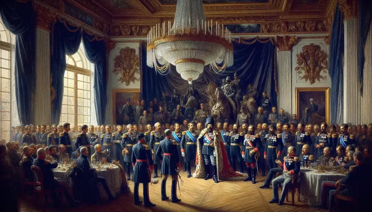 Riunione storica in sala sontuosa con uomini in uniformi blu e civili in abiti formali, sotto un grande lampadario di cristallo.