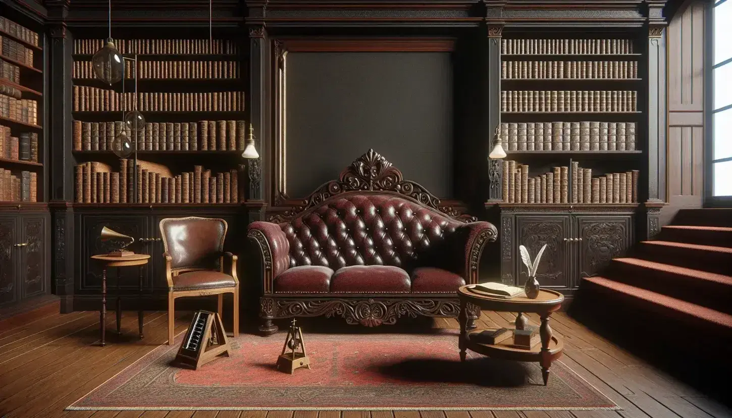 Studio psicologia vittoriano con divano rosso, poltrona, strumenti antichi, lavagna vuota, librerie e telescopio.
