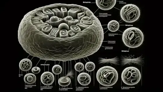 Animal cells in stages of mitosis: prophase with visible chromosomes, metaphase with equatorial alignment, anaphase with chromatid separation, telophase and completed cytokinesis.