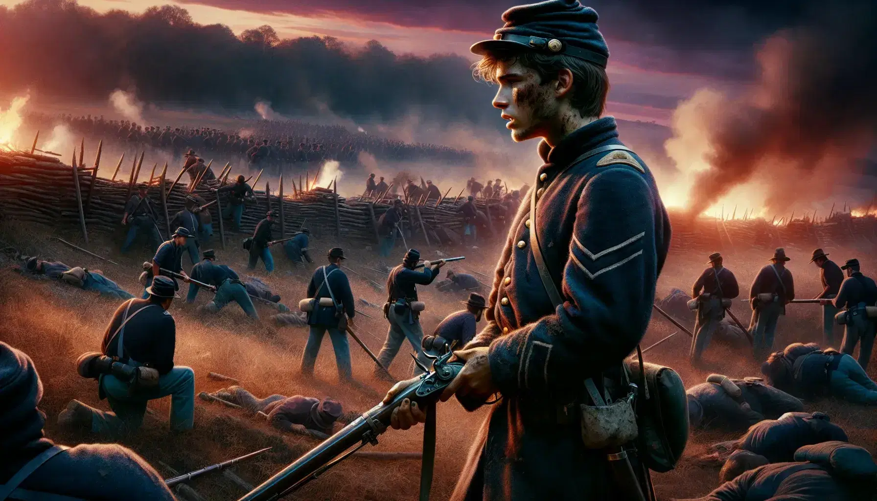 Twilight Civil War scene with a weary Union soldier gripping a bayonet rifle, amidst a backdrop of combat, smoke, and a vivid sunset.