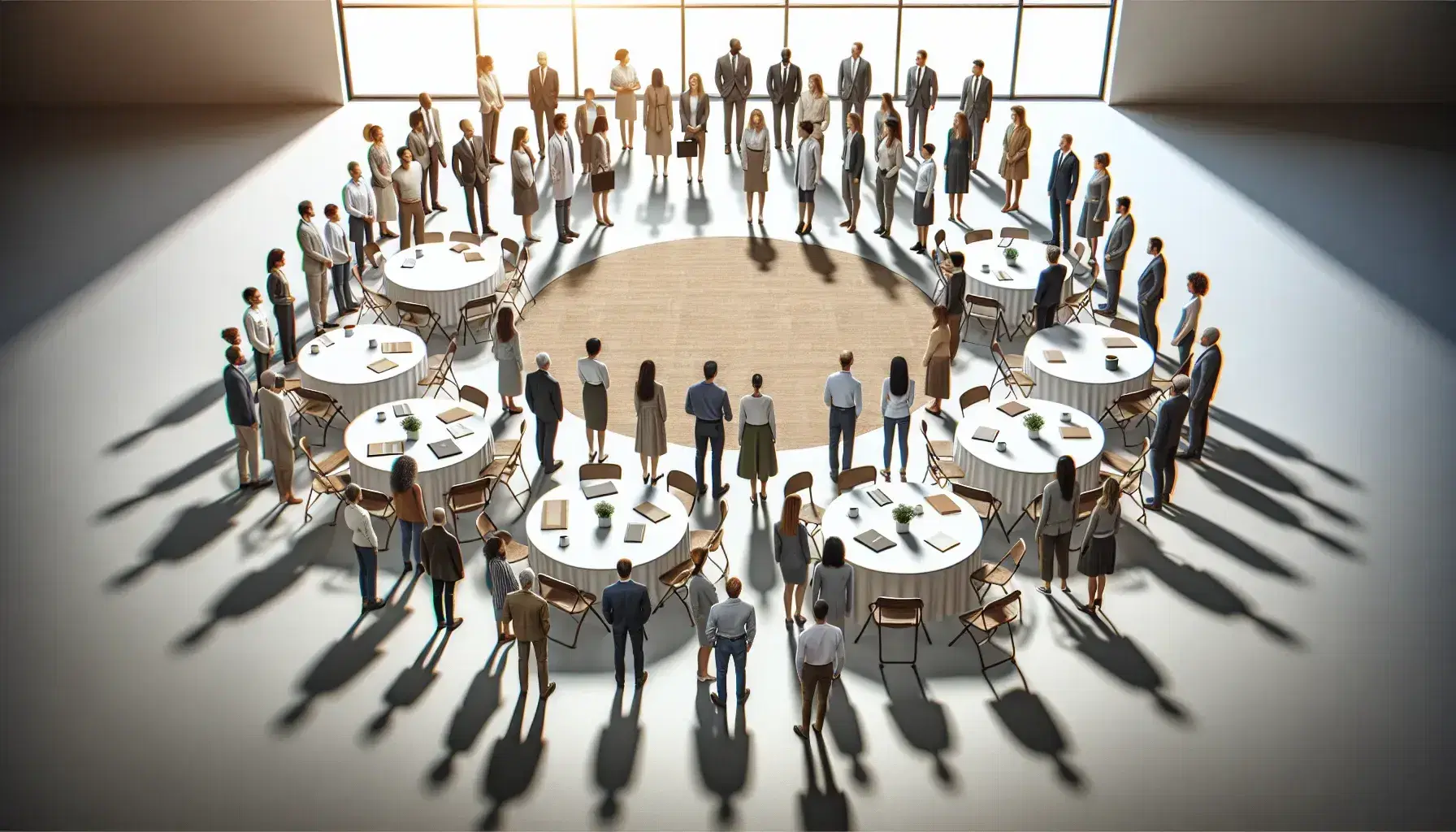 Grupo diverso de profesionales en semicírculo en un taller, con mesas redondas y sillas al fondo, ambiente de colaboración.
