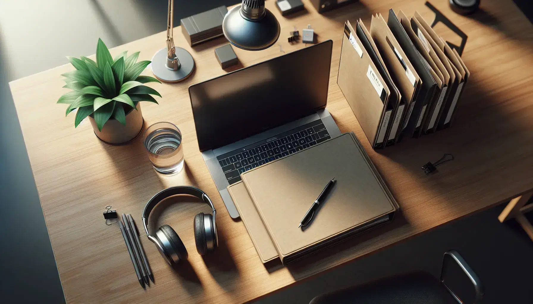 Tidy desk with open laptop, black headphones, glass of water, manila folders and green plant on blurred bookcase background.