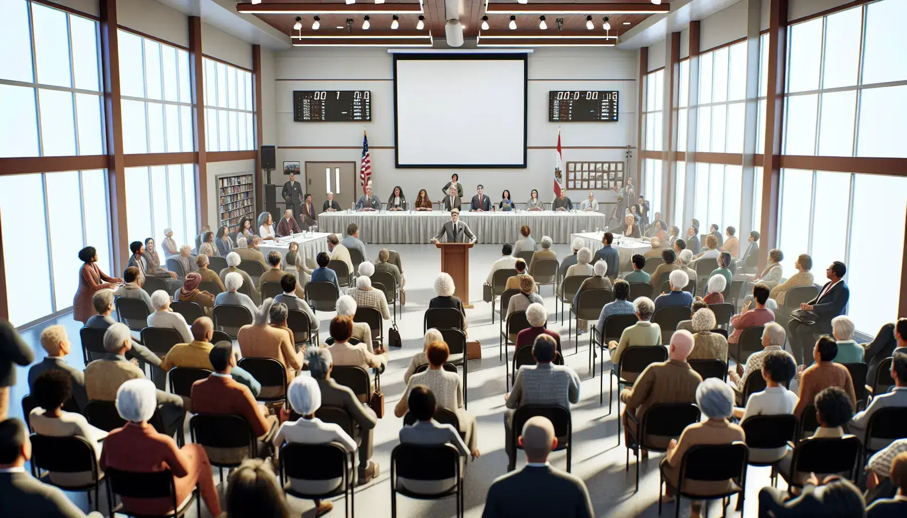 Diverse community members attentively seated at a town hall meeting with a speaker at the podium, a blank projection screen to the side, in a well-lit room with large windows.