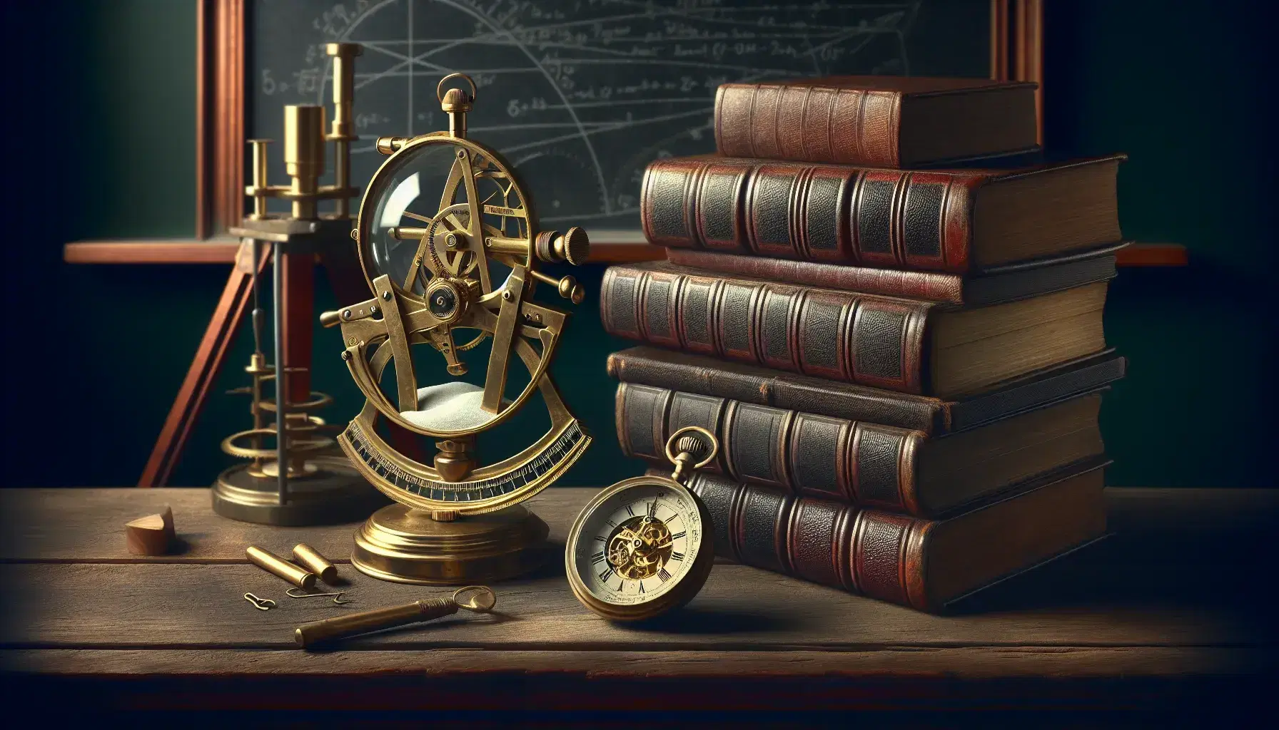 Vintage wooden desk with antique brass sextant, leather bound books, hourglass with white sand and open mechanical pocket watch.