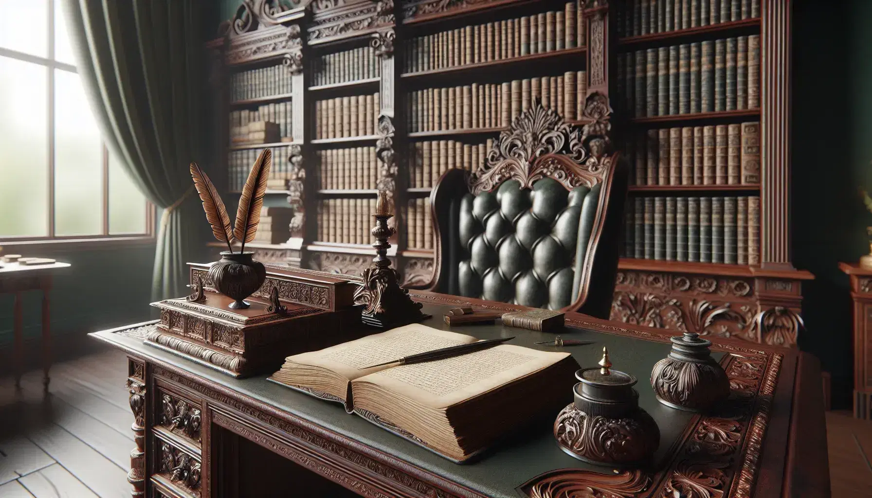 Victorian study with mahogany desk, open book, quill, inkwell, green velvet armchair, bookshelf with leather-bound books, and globe, bathed in natural light.