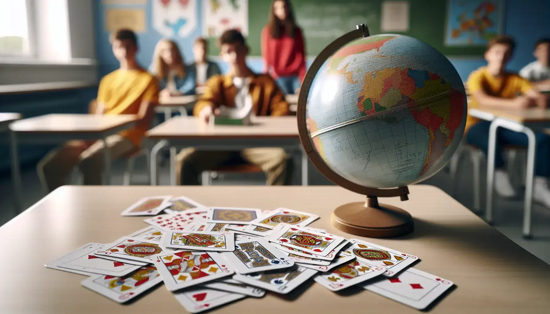 Mazzo di carte colorate sparse su banco di legno in aula scolastica con studenti sfocati e mappamondo, senza simboli leggibili.