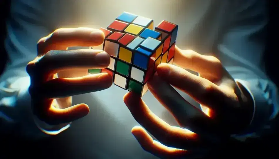 Manos resolviendo un cubo de Rubik con colores mezclados, destacando la estrategia y concentración en el proceso de solución.
