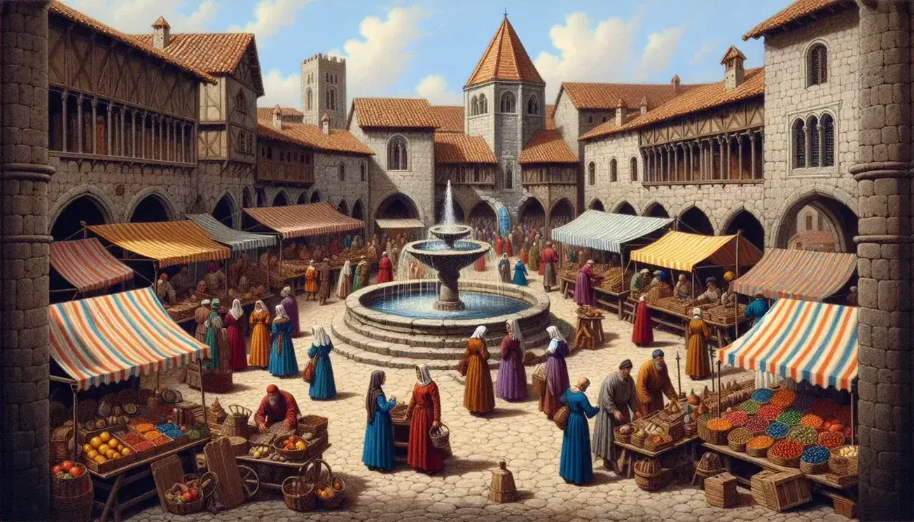 Scena di mercato medievale in piazza con fontana centrale, bancarelle colorate, persone in abiti vivaci e edifici storici sullo sfondo.
