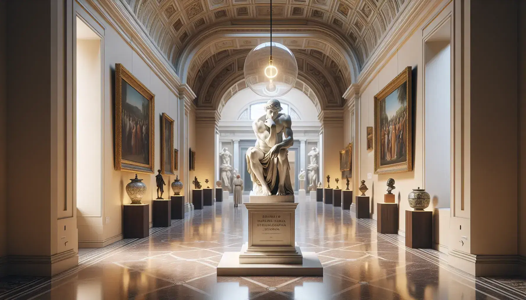 Interno museo italiano con statua marmorea pensierosa, vasi ceramici, sculture bronzee, quadri incorniciati d'oro e visitatori assorti.