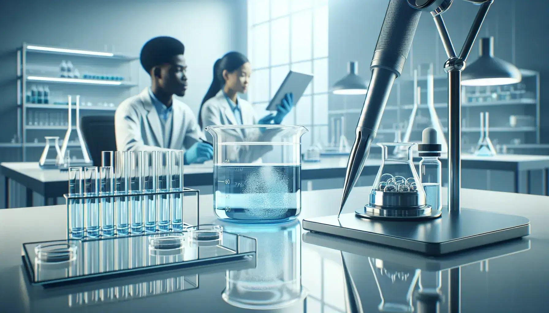Modern laboratory with bright lighting, featuring a beaker with blue liquid, a steel pipettor, two researchers analyzing samples, and a tidy bench with lab equipment.