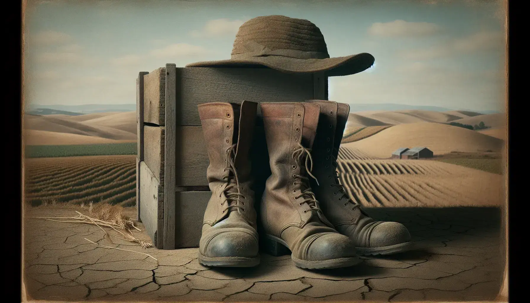 Rustic 1930s farm scene with worn work boots on cracked soil, an aged wooden crate, a faded sun hat, and rolling agricultural hills under a pastel sky.