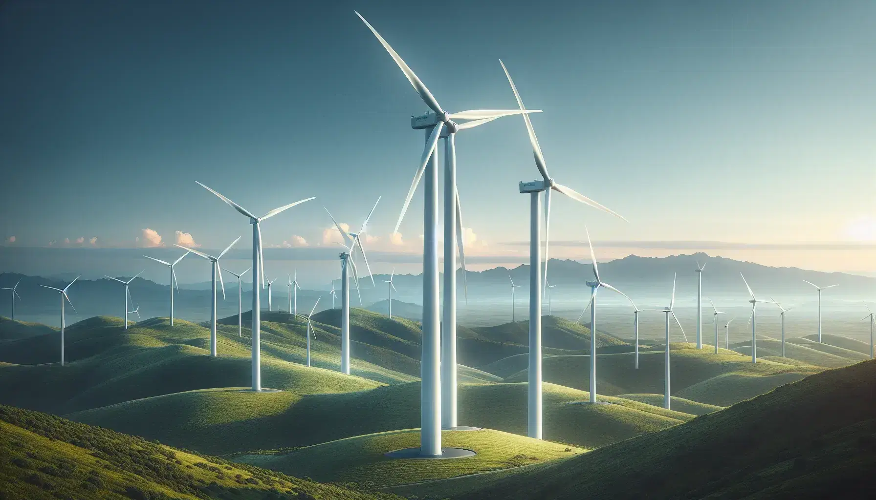 Modern wind farm with white turbines staggered across green hills under a clear blue sky, showcasing renewable energy in a natural setting.