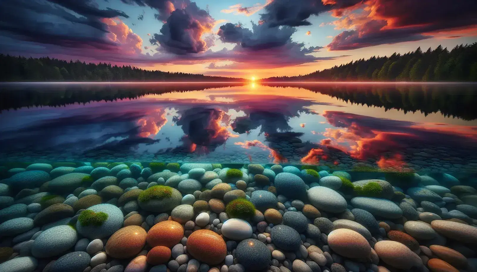 Serene lake at sunset with vibrant sky reflections, a solitary rowboat, and pebbles causing diffuse reflection on the water's edge.