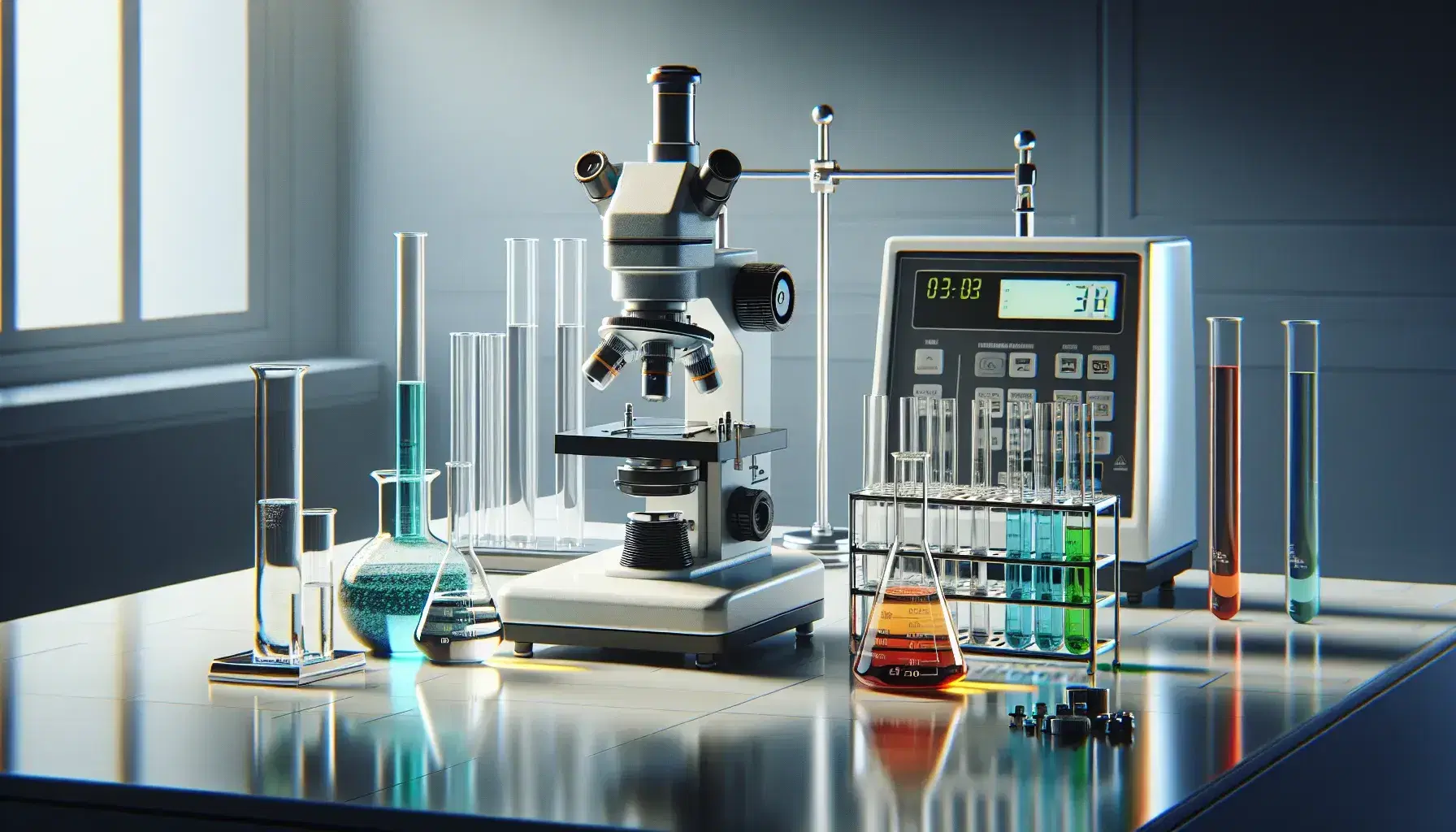 Laboratorio científico con microscopio, tubos de ensayo con líquidos de colores, balanza analítica y material de vidrio sobre mesa blanca.