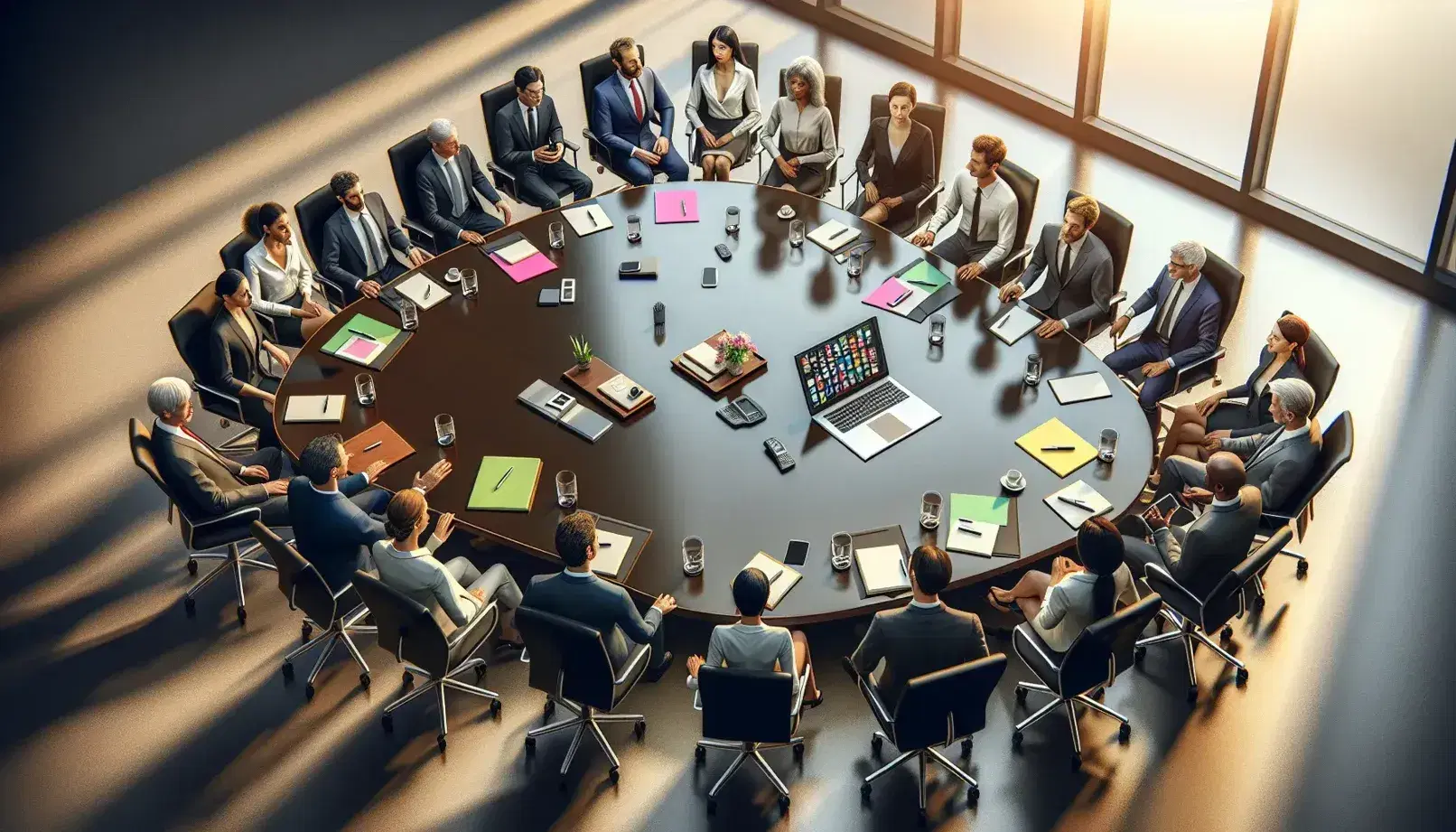 Grupo diverso de profesionales en reunión alrededor de una mesa de conferencia ovalada con herramientas de oficina, reflejando colaboración y ambiente de trabajo iluminado.