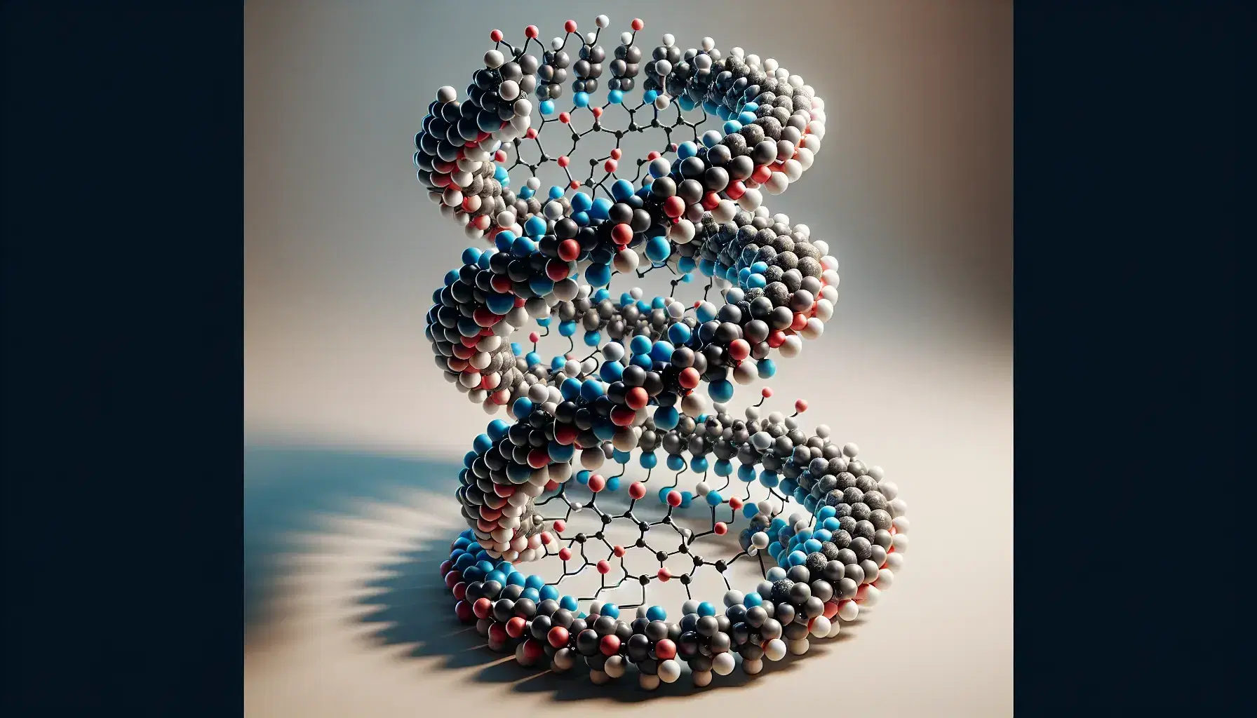 Three-dimensional molecular model of an alpha helix structure with colored spheres for carbon, nitrogen, oxygen and hydrogen atoms.