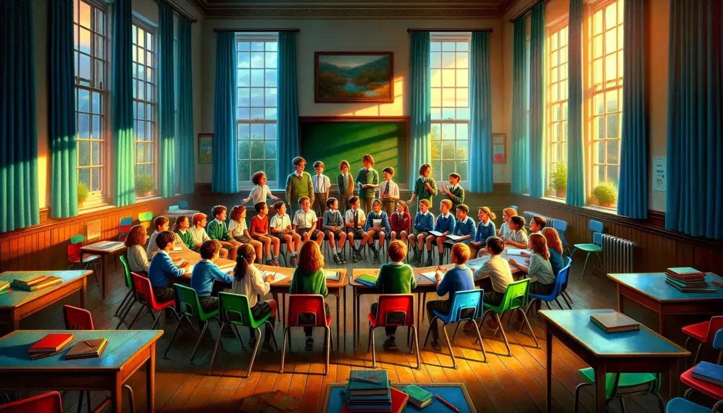 Studenti di scuola media seduti in cerchio su sedie colorate in aula luminosa con lavagna verde e finestre con tende azzurre.