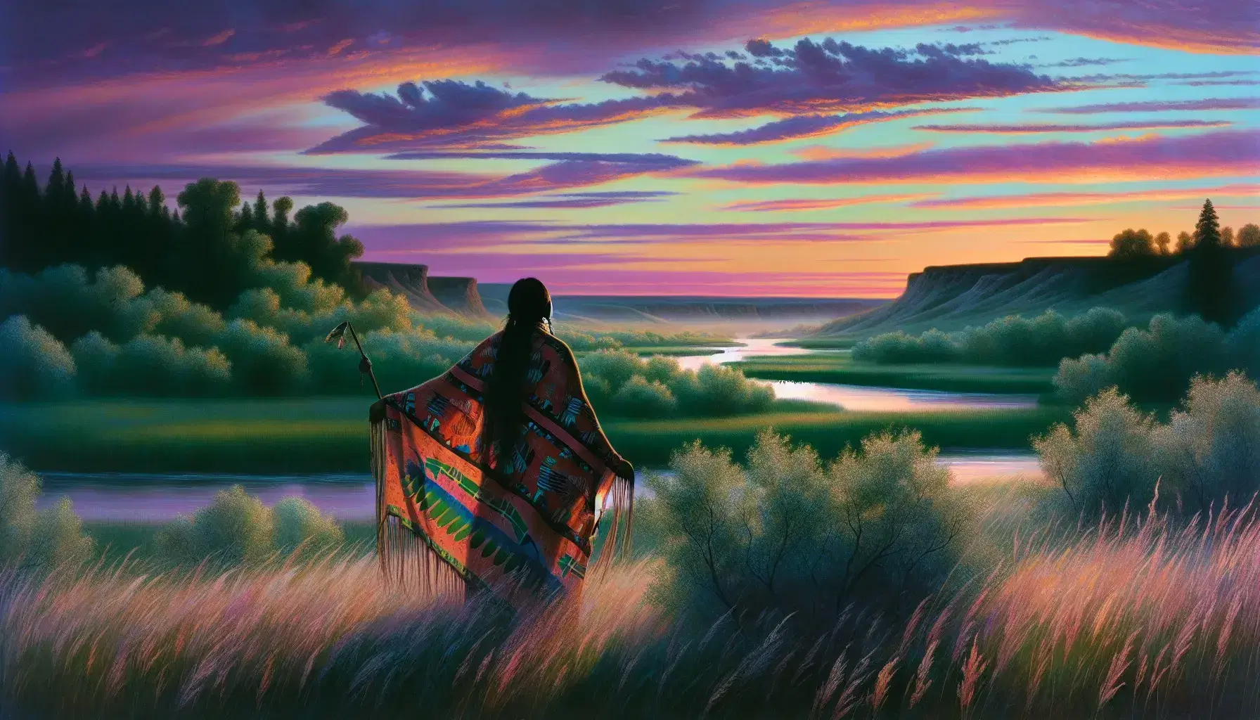 Native American woman in traditional attire stands at dusk, her silhouette against a pastel sky, beside a river reflecting sunset colors, embodying serenity.