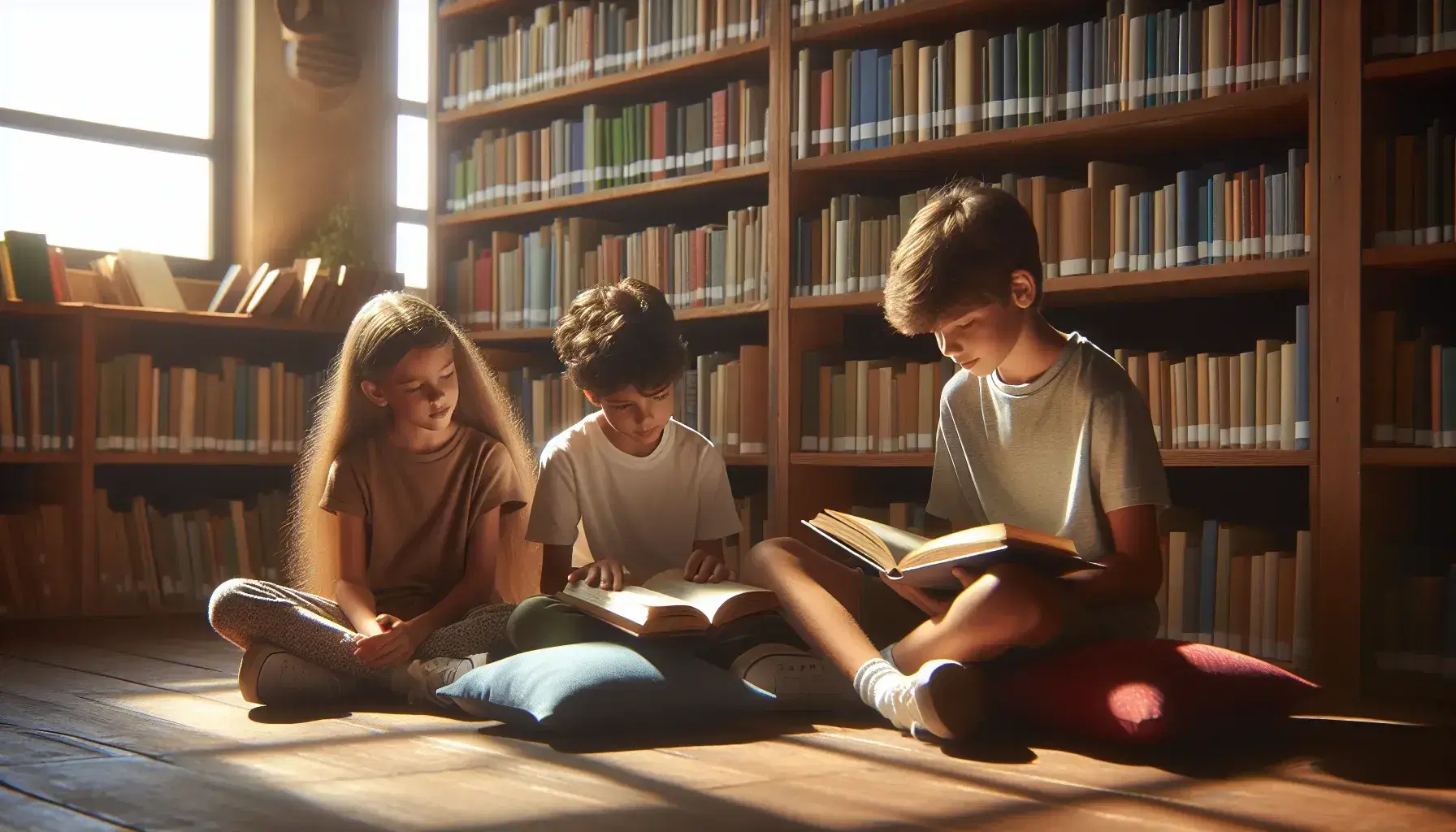 Niños leyendo un libro juntos en el suelo de una biblioteca, rodeados de estanterías llenas de libros y luz natural.