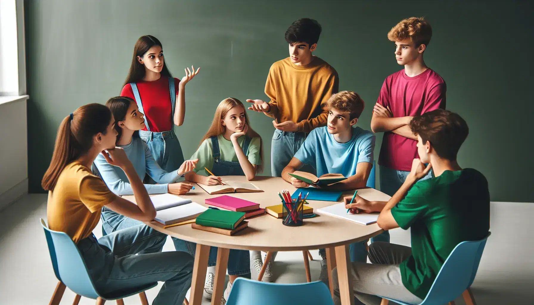 Gruppo di cinque studenti intorno a un tavolo rotondo con libri e materiale didattico, discutendo e prendendo appunti in una sala studio illuminata naturalmente.