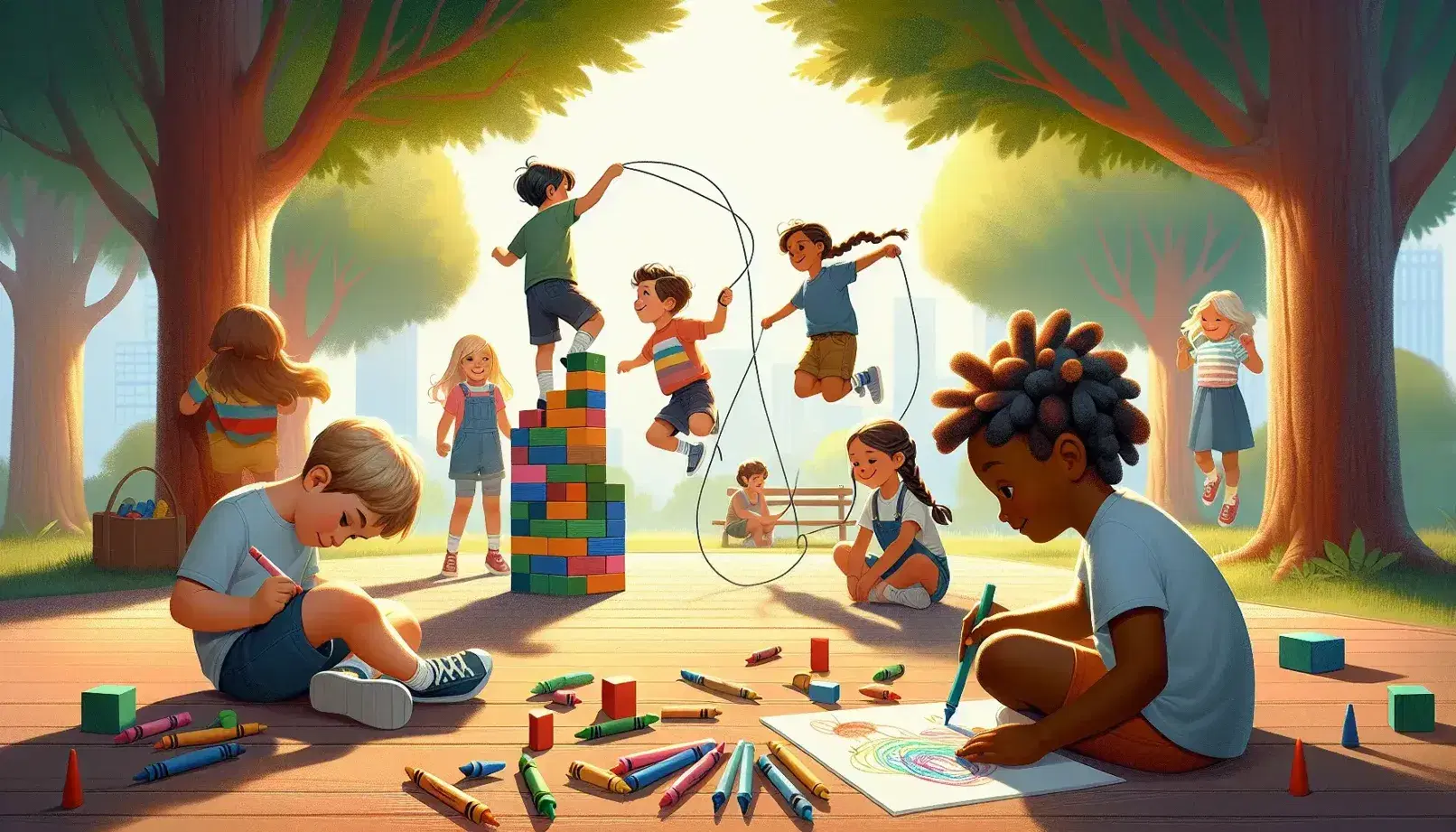 Niños jugando en parque soleado con bloques de colores, dibujando con crayones y saltando la cuerda bajo un árbol frondoso, adulto supervisa en un banco.