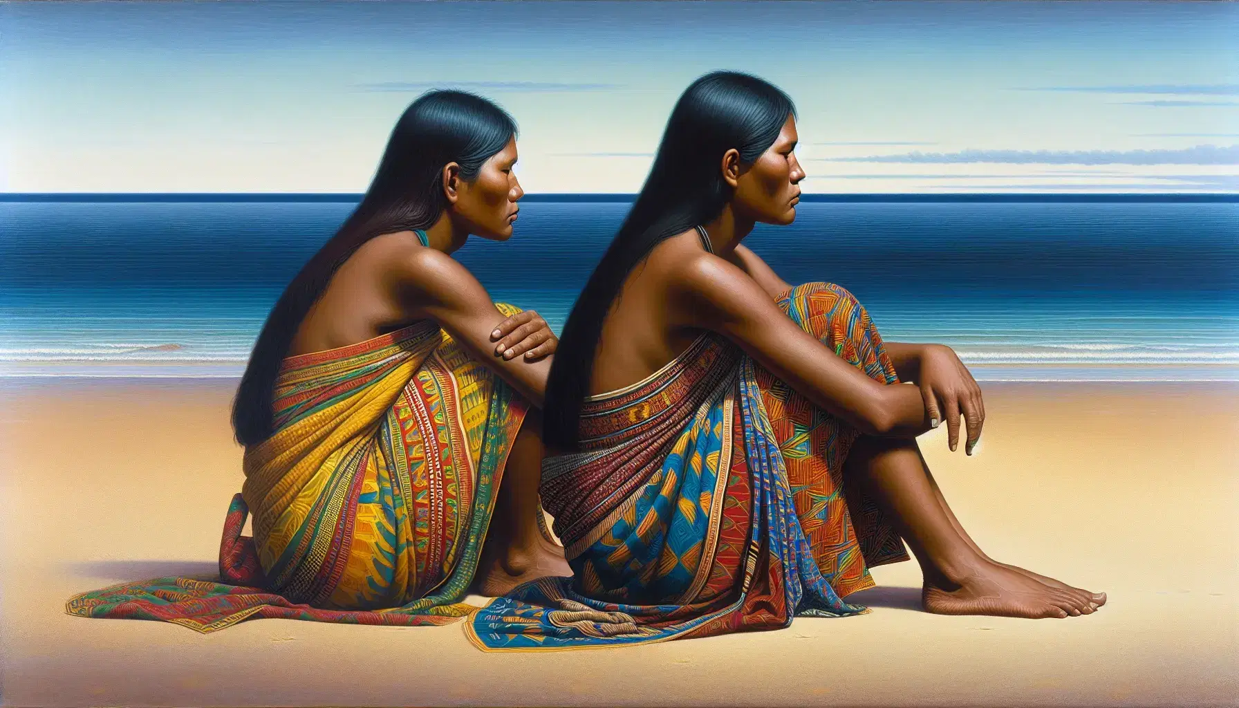 Due donne indigene sedute su spiaggia sabbiosa con sarong colorati, mare calmo e palme in lontananza, cielo sereno sfumato.