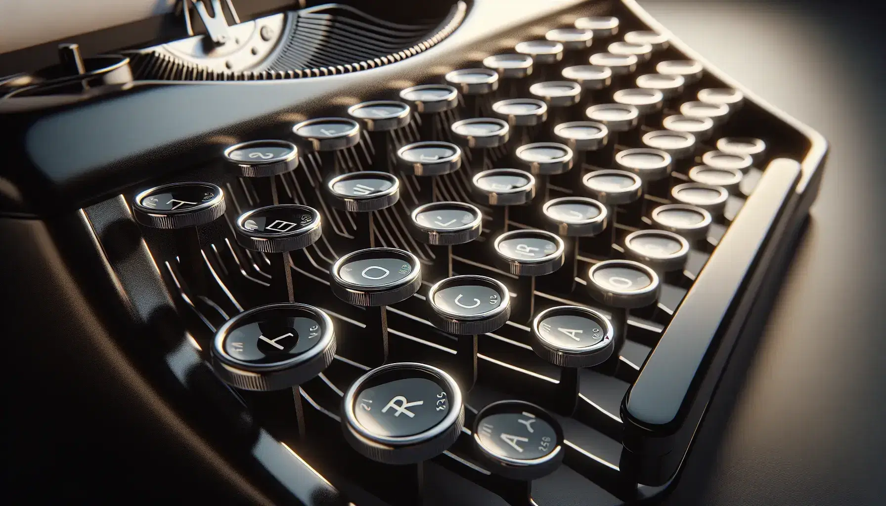 Close-up view of vintage typewriter keys in QWERTY layout, with glossy black and silver edges, against a matte black body and cream paper background.