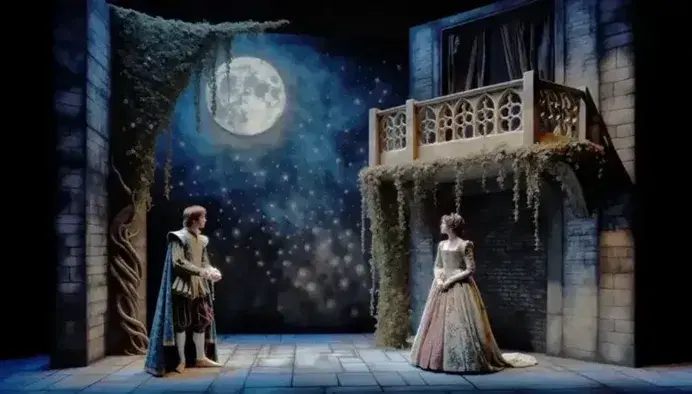 Romantic scene of Romeo and Juliet on a moonlit balcony, with Elizabethan costumes and starry backdrop, in a theater.